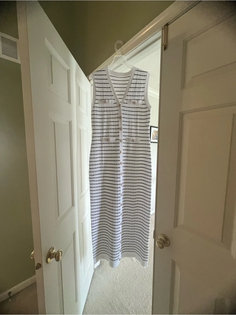 Sleeveless White and black Striped Button-Front Maxi Dress - Picture 1 of 3